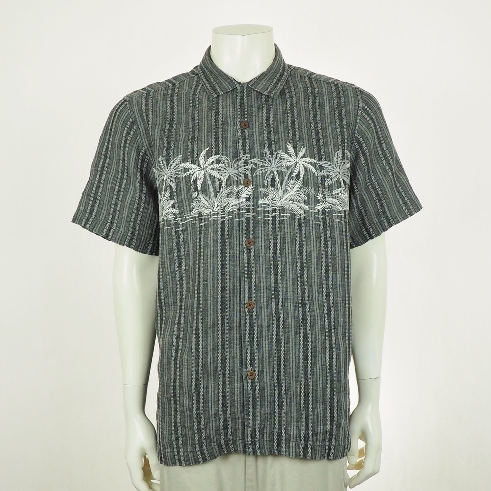 Tommy Bahama Palmetto Grove Camp Shirt Mens Large Gray Floral Linen Hawaiian